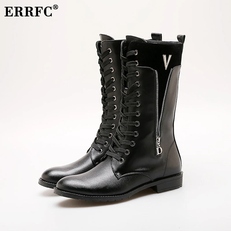 Errfc熱い販売メンズ高トップロングブーツファッションジッパーひもニーハイオートバイブーツシンプルと暖かいスタイル黒靴 Shoe Stretcher Boots Shoes Men Bootsshoe Risers Aliexpress