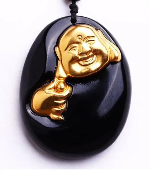 

Beautiful Chinese Natural Black Obsidian Carved Gold Color Buddha Lucky Amulet Pendant + free Necklace fashion Jewelry