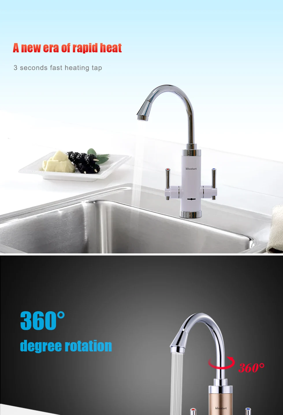 Кран для кухни с двойным переключателем для горячей и холодной воды, безрезервуарный водонагреватель, вращающаяся на 360 градусов Труба для горячей воды, быстрый нагрев, Биб-краны