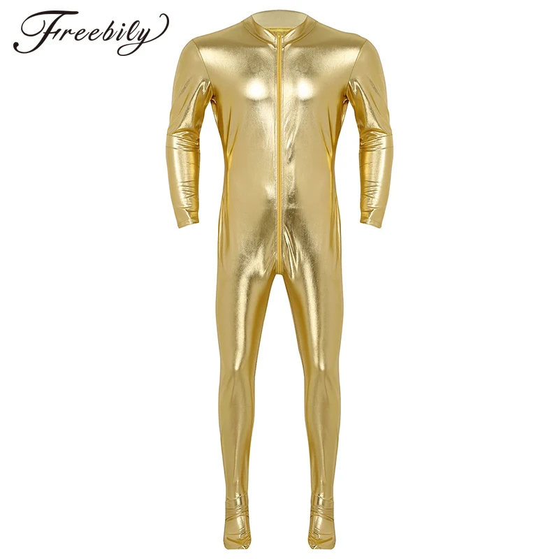 Mens Metallic Spandex Bodysuit Lycra Shiny Catsuit Sexy Unisex Zentai Full Body Suit Costume Clubwear Wet Look One Piece Unitard