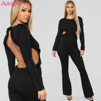 

Adogirl Ruffle Pearls Backless Bandage Jumpsuit Women Sexy Long Sleeve Romper Flare Pants Fashion Casual Outfits Club Overalls