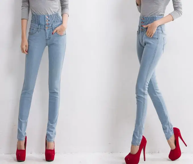 Эластичные длинные джинсовые брюки с высокой талией, женские свободные джинсы с пуговицами размера плюс 8xl - Цвет: Небесно-голубой