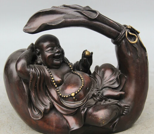 

JP S0524 8 China Buddhism Bronze sleep moneybag Happy Laugh Maitreya Buddha bead Statue (B0328)