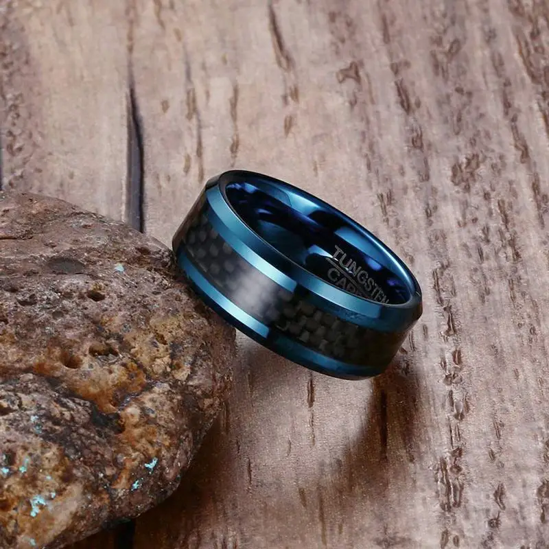 Meaeguet Trendy 8MM Blue Tungsten Carbide Ring For Men Jewelry Black Carbon Fiber Wedding Bands USA Size