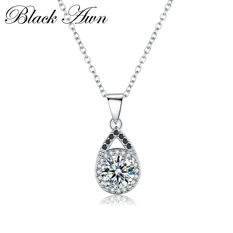 

[BLACK AWN] Genuine 925 Sterling Silver Necklace for Women Jewelry Trendy Water-Drop Necklaces Pendants Female Bijoux P056