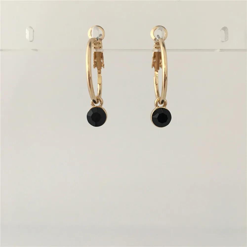 CASUAL WOMEN EARRINGS ROUND DISC BLACK STONE HOOP EARRINGS