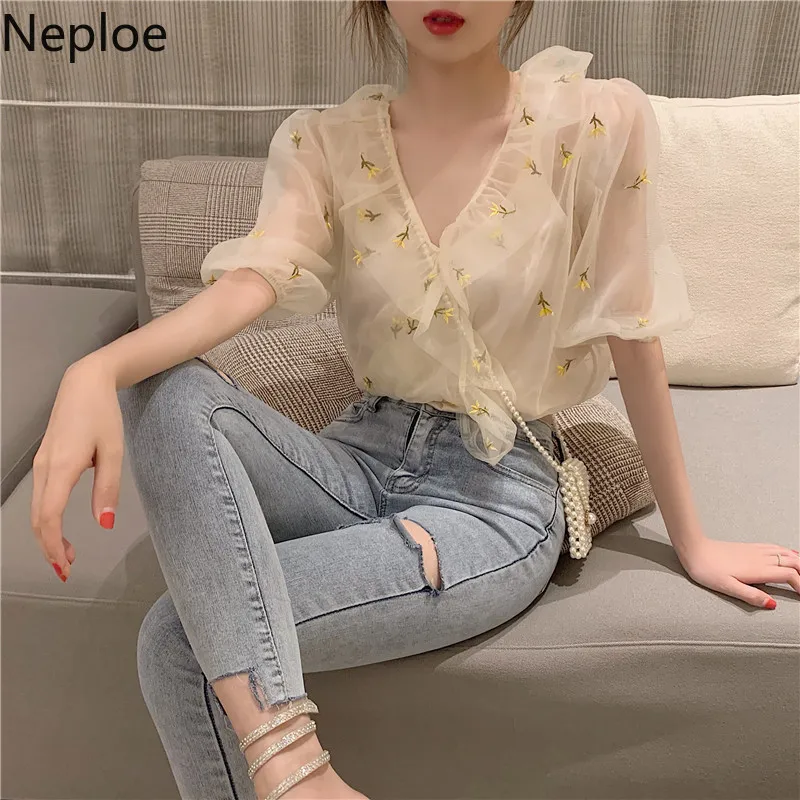 Neploe женская блузка с вышивкой Лето 2019 Новый v образный вырез пышными рукавами Blusa