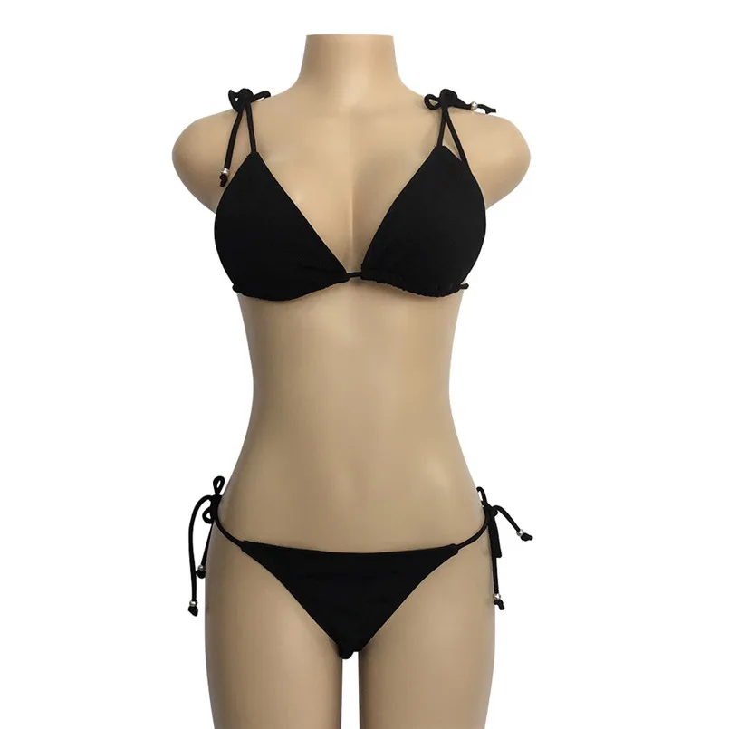 Модный женский однотонный кружевной купальник с открытой спиной и плечами, пуш-ап бюстгальтер, нижнее белье для купания 50mr28 - Цвет: Черный