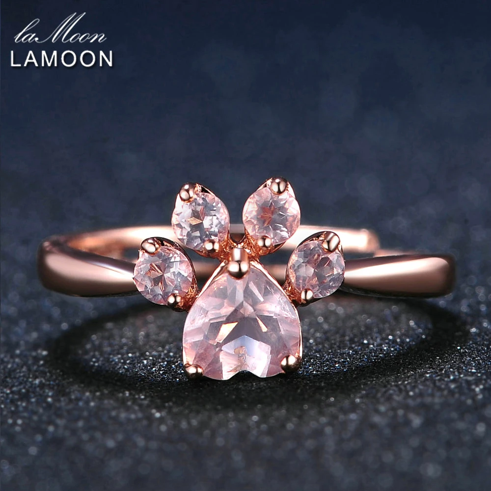 LAMOON Bear s Paw 5mm 100 Natural Pink Rose Quartz Ring 925 Sterling Silver Jewelry Rose