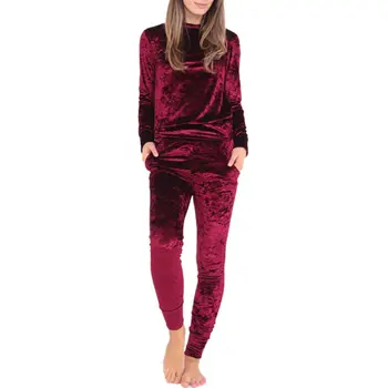 Women Crushed Long Sleeve Soft Solid Color Velvet Suit Sweatshirt Pant Tracksuit Wear