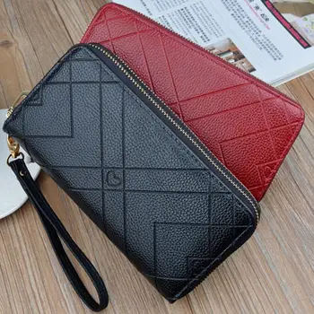 

Women's Double Layer Zip Leather Wallet Wristlet Purse Clutch Bag Phone Holder