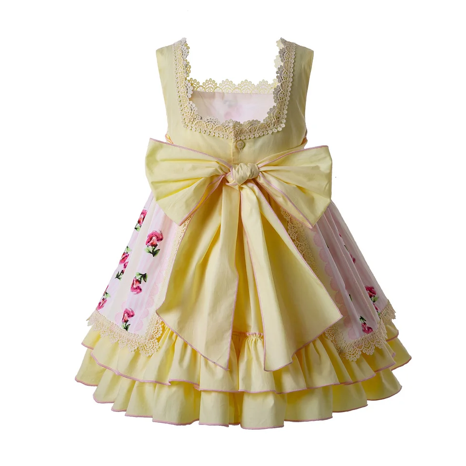 Pettigirl/Новинка года; пасхальные вечерние платья желтого цвета для девочек; длинное платье с цветочным узором и бантом для детей; B465(длина платья ниже колена