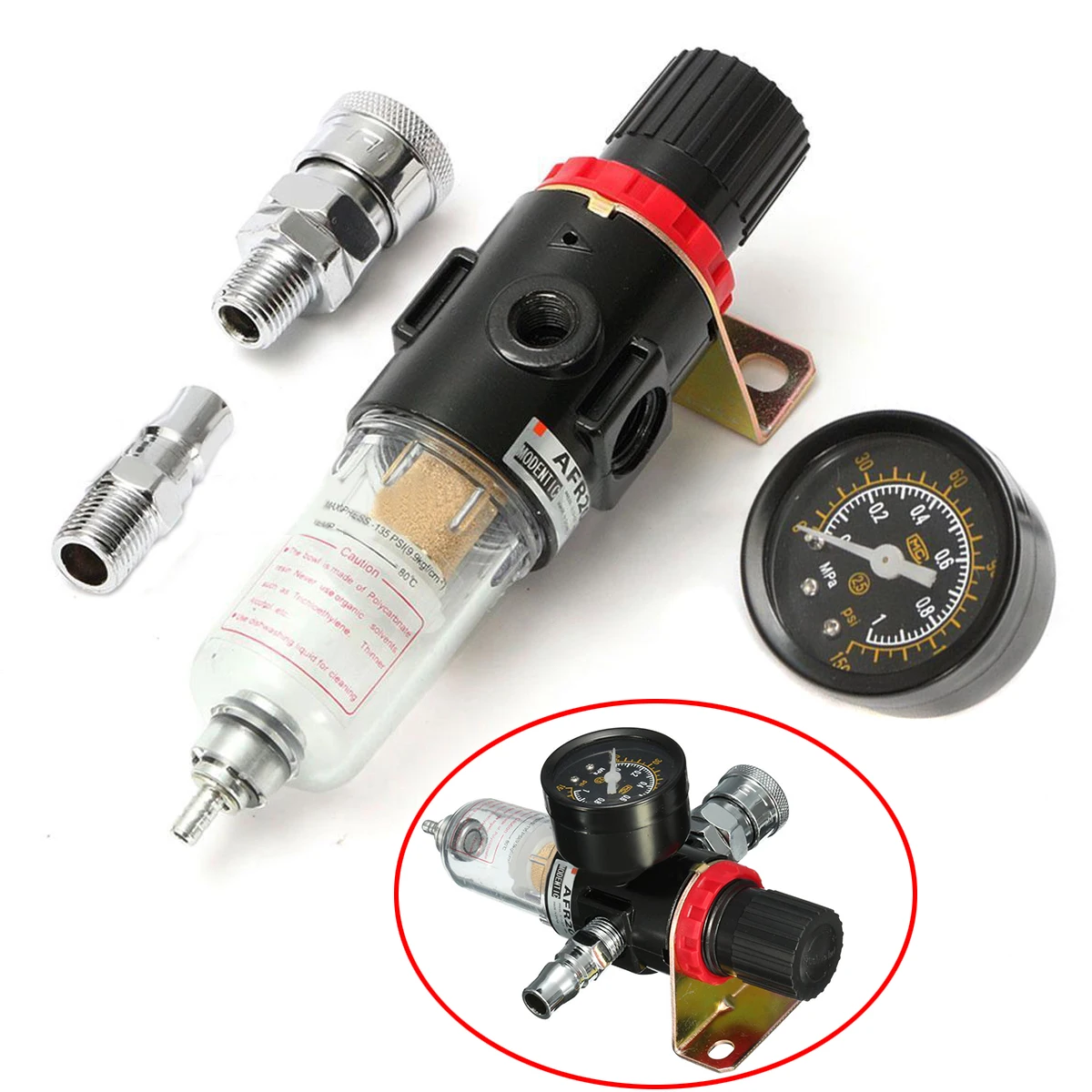 1/4" AFR2000 Air Compressor Oil Water Filter Regulator Pressure Gauge Moisture Trap with Fittings Mayitr