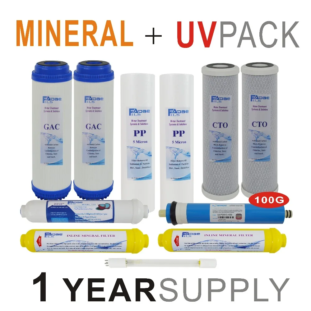 

1 Year Supply Mineral Ultraviolet Reverse Osmosis System Replacement Filter Sets -11 Filters with UV Bulb and 100GPD RO Membrane