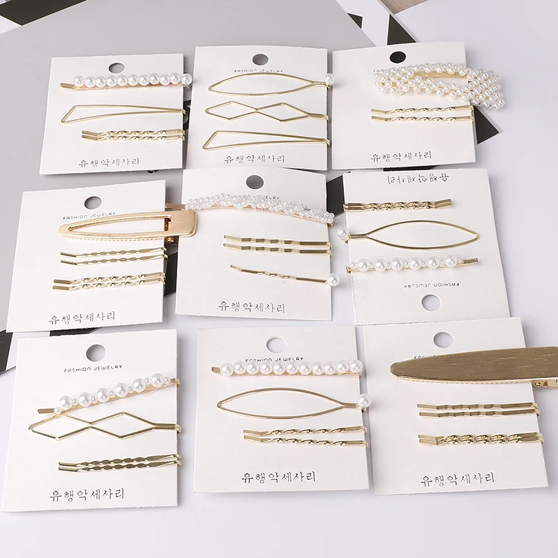 Korean INS 3Pcs Pearl Set Geometric Women Hairpin Snap Barrette Hairgrip Hair Clips for girls hair styling Hair Accessories