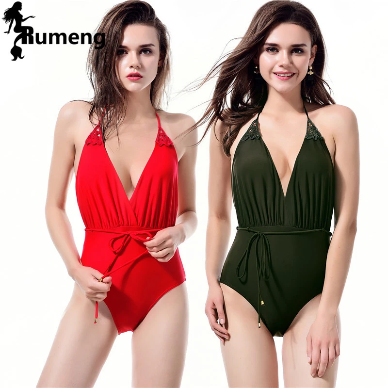 

RUMENG 2018 NEW Red ArmyGreen bandage one piece swimsuit strappy Peplum High Waist sexy bathing suit Halter Solid monokini