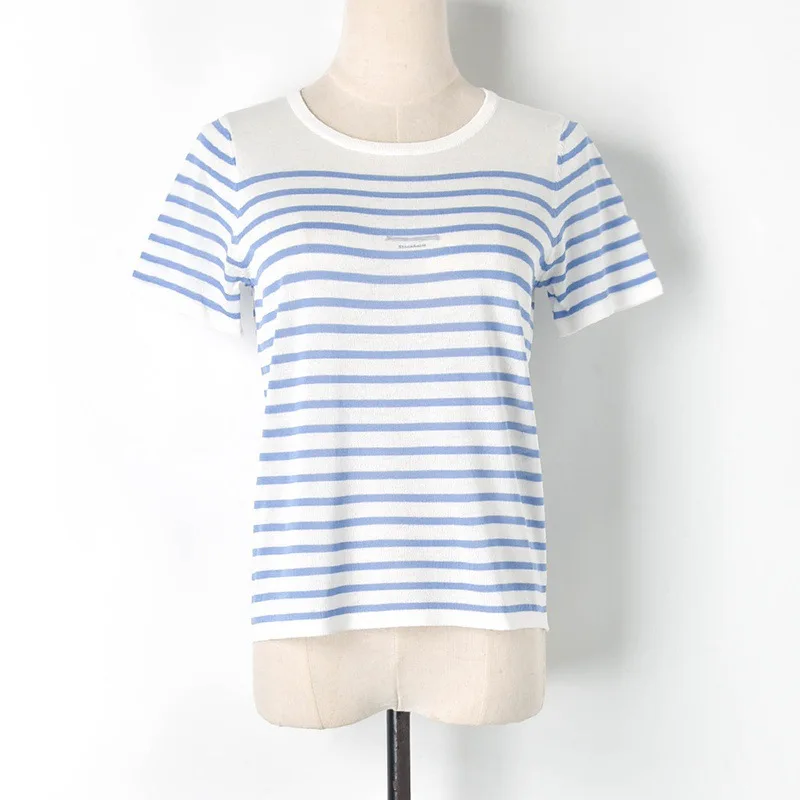 

New 2019 Runway Designer Striped t shirt Harajuku Women Knitted Hollow Out Patchwork Tee tShirt tee shirt femme Casual Thin Top