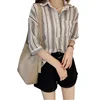 Women Plus Size Pullover Loose Blouse Striped Lapel Collar Seven Point Sleeve Solid Single Buckle Autumn Loose Casual Shirt 2