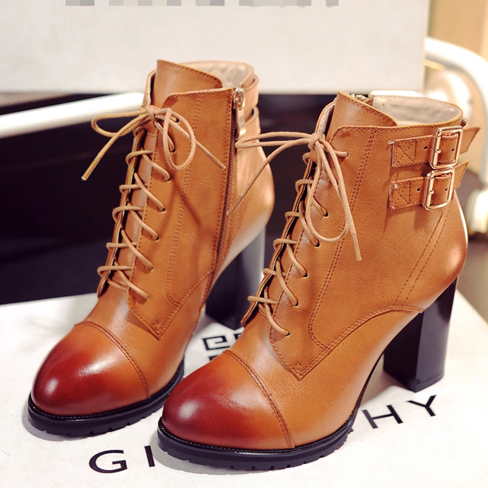 

Women Boots Ankle Boots Women Genuine Leather Fall Thick High Heels Boots Ladies Fashion Lace Up Size 34 Buckle Brown Shoes 36A0