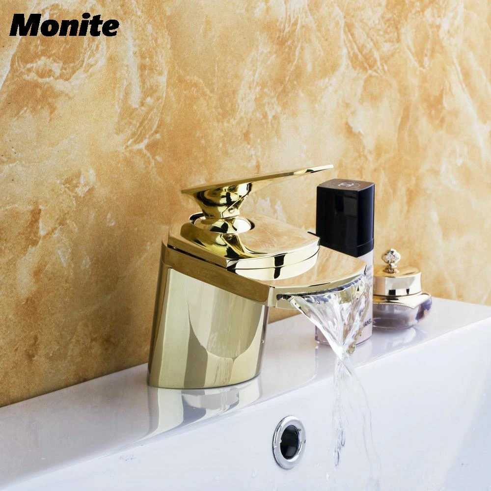 

Waterfall Spout Golden Faucets Basin Bathroom Deck Mounted 9813 Single Handle Lavatory Sink Torneira Faucets,Mixers & Taps