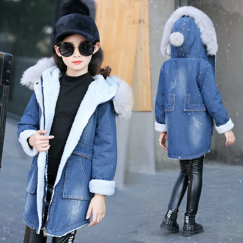

Trendy Big Teens Girls Denim Trench Outerwear Children Winter Hooded Coats Kids Warm Inner Jeans Jacket Girls Thick Long Clothes