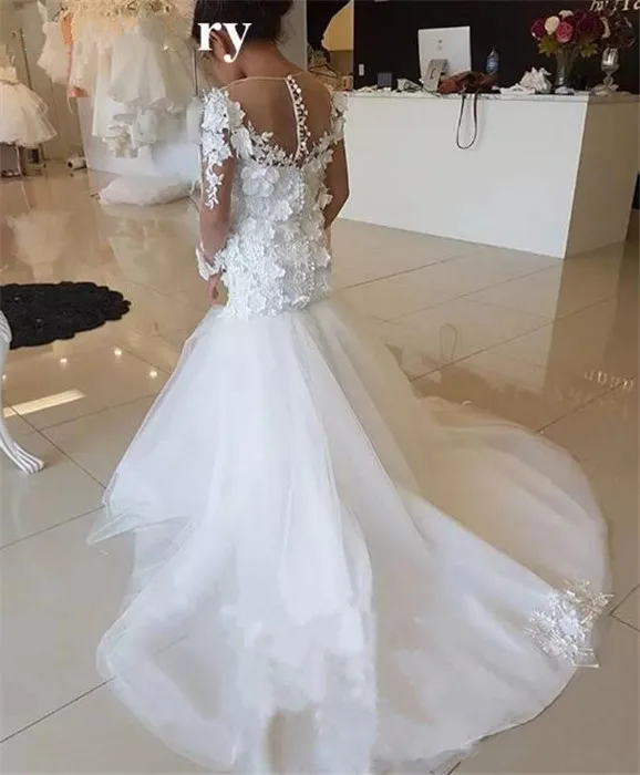 

Princess White Lace Mermaid Flower Girls Dresses For Weddings Long Sleeves 3D-Floral Girls Birthday Dresses Pageant Gown