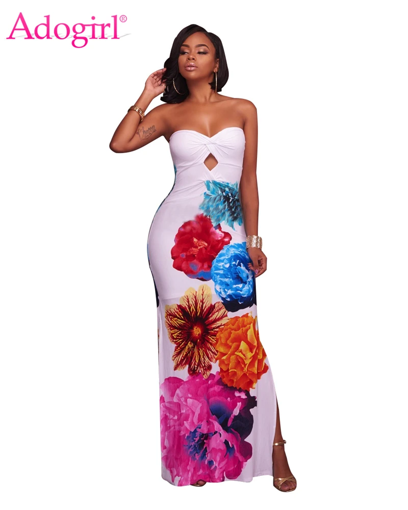 

Adogirl Flowers Print Strapless Maxi Dress Sweetheart Twist Keyhole Side Slit Bodycon Evening Party Dresses Robe Long Vestidos