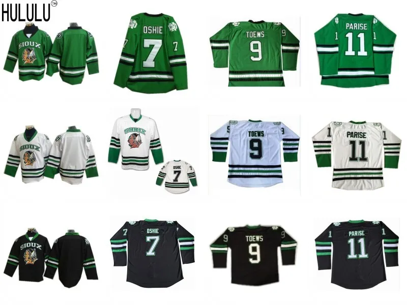 

#11 Zach Parise #9 Jonathan Toews #7 T.J. TJ Oshie North Dakota Fighting Sioux White Black Green Ice Hockey Jersey