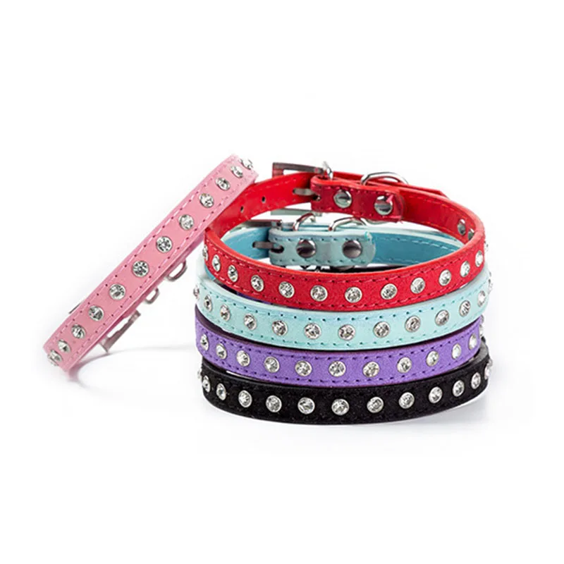 

Cute Crystal Cat Collar One Row Diamond Studded Leather Pet Collar Adjustable Small Dog Puppy Collar Black Red Blue Pink Purple
