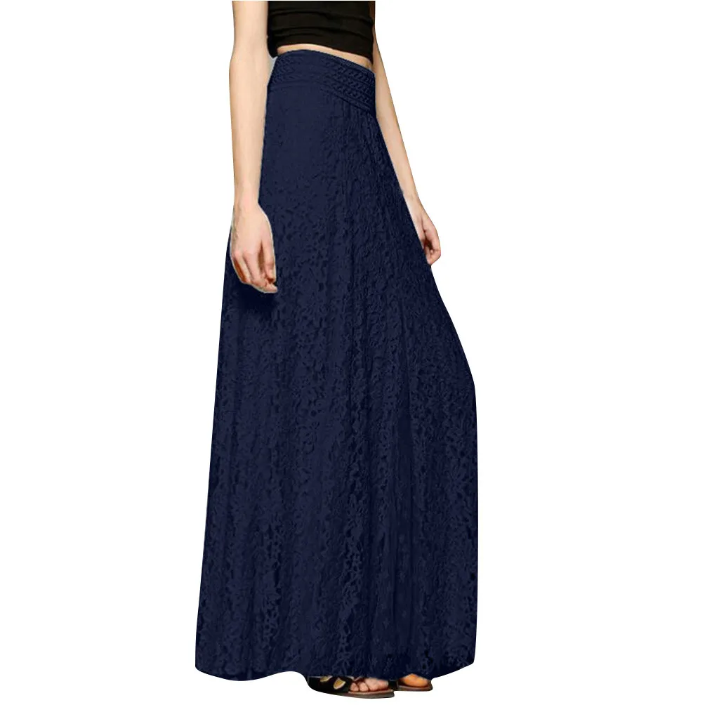 

Women Lace Maxi Skirt Elegant Double Layer Pleated Long Skirts Ladies Elastic High Waist Skirts Faldas Mujer Moda 2019 @30