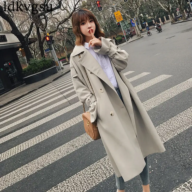 Новинка 2019, весенне-осенний плащ для девочек, длинное корейское Свободное пальто-ветровка, повседневная шикарная верхняя одежда, V242