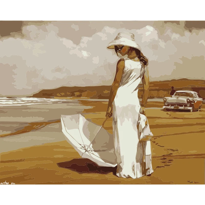 

Diy painting by numbers frameless paint drawing coloring by numbers on canvas hand painted picture Beautiful woman by the sea