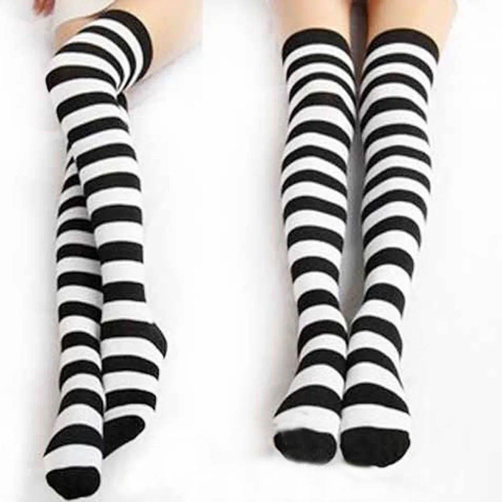 1 пара, сексуальные модные черно-белые полосатые осенне-зимние женские гольфы выше колена, чулки, длинные носки до бедра
