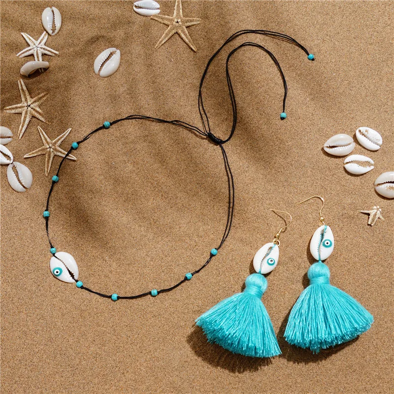 

Bohemia Fashion Tassel Shell Earrings Necklace Chock Jewelry Set For Women Trendy Cutton Rope Chain Set Summer Beach Wedding