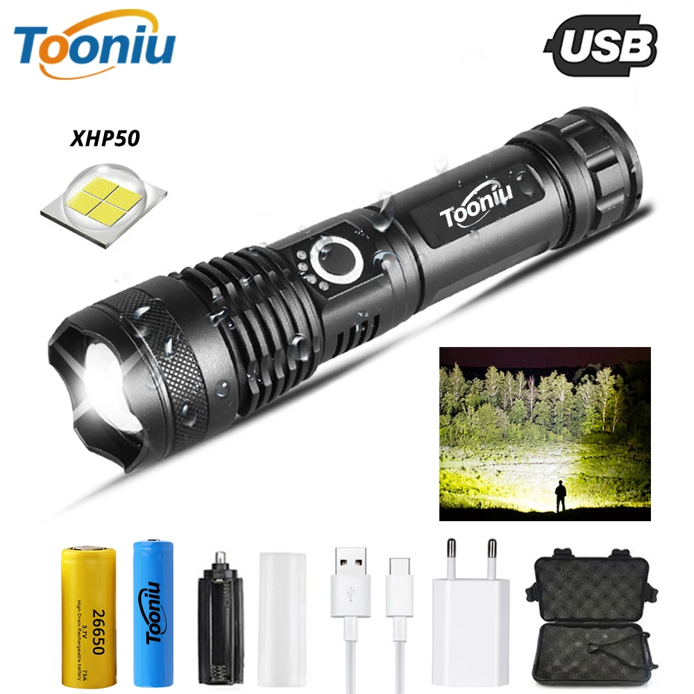 

Powerful XHP50 LED Tactical Flashlight Support Zoom 5 Lighting Modes Torch By 18650 or 26650 Battery for Outdoor Activities
