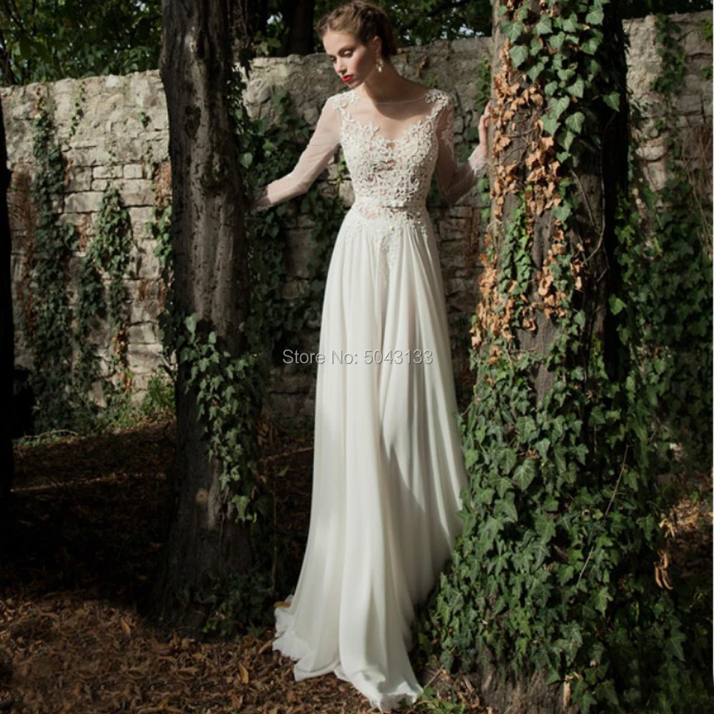 

2019 Boho Wedding Dresses with Appliques Long Sleeve Sexy Backless Floor Length Bridal Gowns Beach Chiffon Wedding Dress