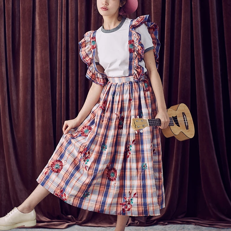 

LYNETTE'S CHINOISERIE Summer Autumn Women High Waist Embroidery Plaid Cotton Skirt