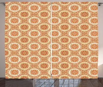 

Orange and Beige Curtains Ornamental Baroque Leaves and Flowers Victorian Vintage Pattern Living Room Bedroom Window Drapes