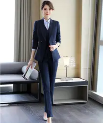 Высокое качество Формальные 3 шт женские деловые костюмы 3 жилет, брюки и куртка наборы дамы Блейзер Рабочая одежда офисная форма стиль