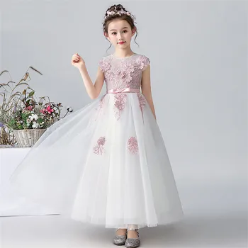 

2019Children Girls Elegant Appliques Flowers Birthday Wedding Party Wear Princess Mesh Dress Kids Teens Noble Host Costume Dress
