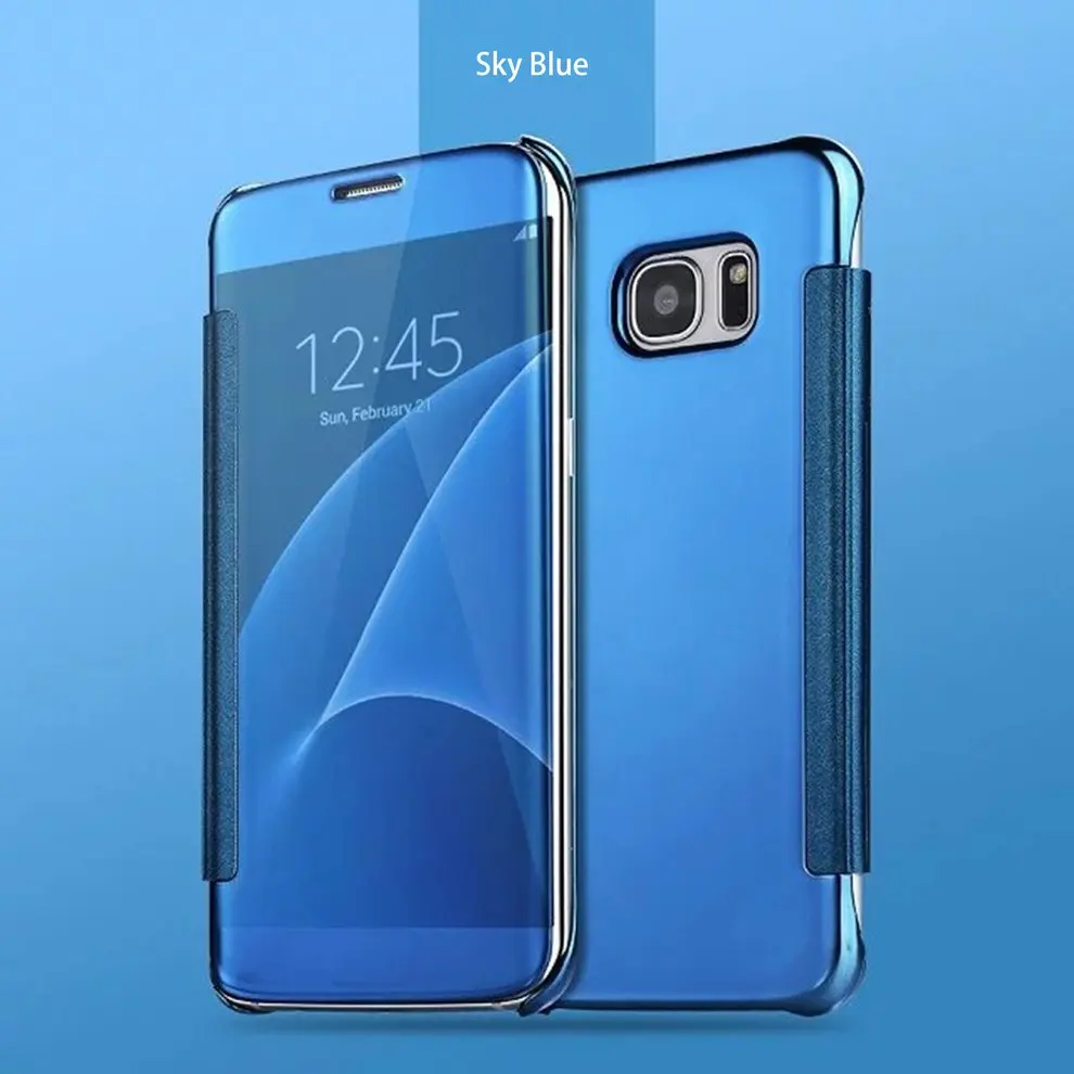 

Sky Blue Mobile Phone Case Smart Window Mirror Surface Intelligent Auto Sleep Awake Flip Type Hard Shell Protective Cover Holder