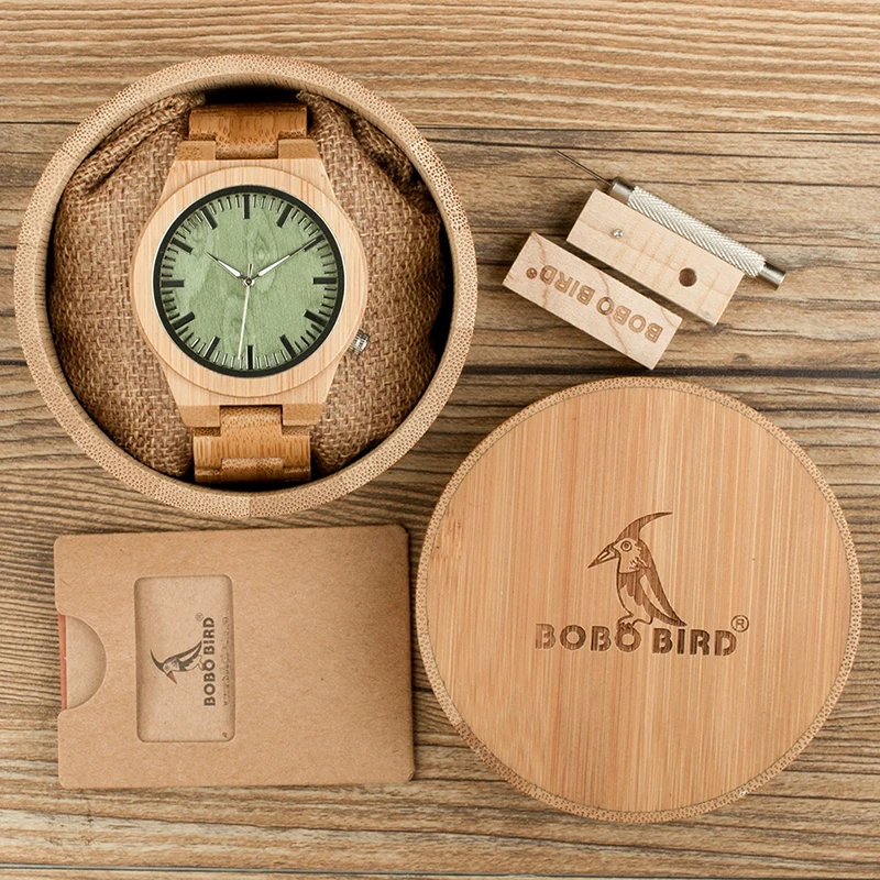 BOBO BIRD мужские лучшие брендовые дизайнерские зеленые деревянные часы с полным бамбуковым деревянным ремешком спортивные кварцевые часы в круглой коробке
