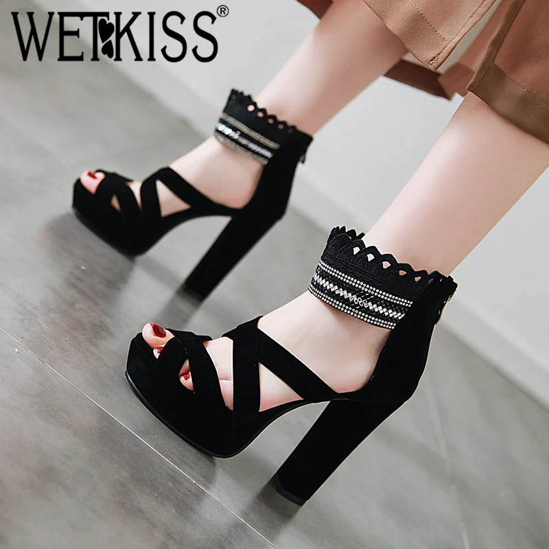 

WETKISS Ankle Strap Sandals Women Peep Toe Footwear Flock High Heels Crystal Party Sandals Female Platform Shoes Woman Summer