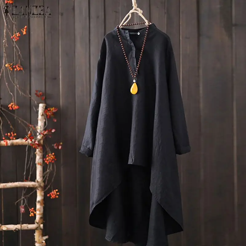 

ZANZEA 2019 Fashion Women's Linen Blouse Vintage Long Sleeve Shirts Summer Asymmetrical Tops Chemise Casual Tunic Tops Femme