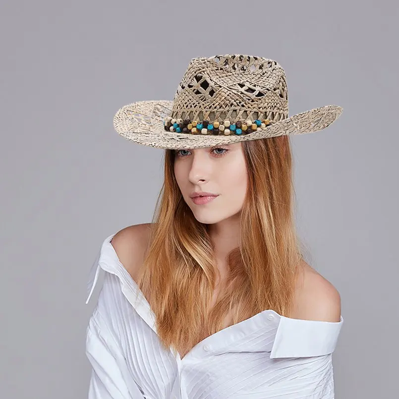 GEMVIE новая соломенная западная ковбойская шляпа для женщин Cowgirl летние шляпы для солнцезащитная Кепка для девушек с кожаный с бисером ремень пляжная кепка Панама