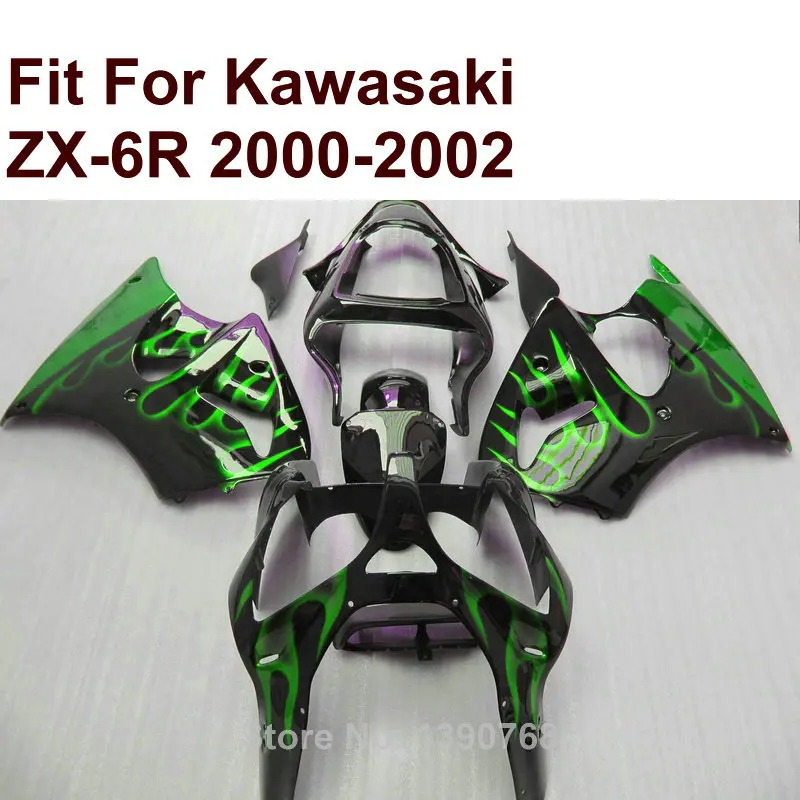 

Fairing kit for Kawasaki ZX6R green flames black 2000 2001 2002 Ninja ZX 6R 636 00 01 02 fairings IN01