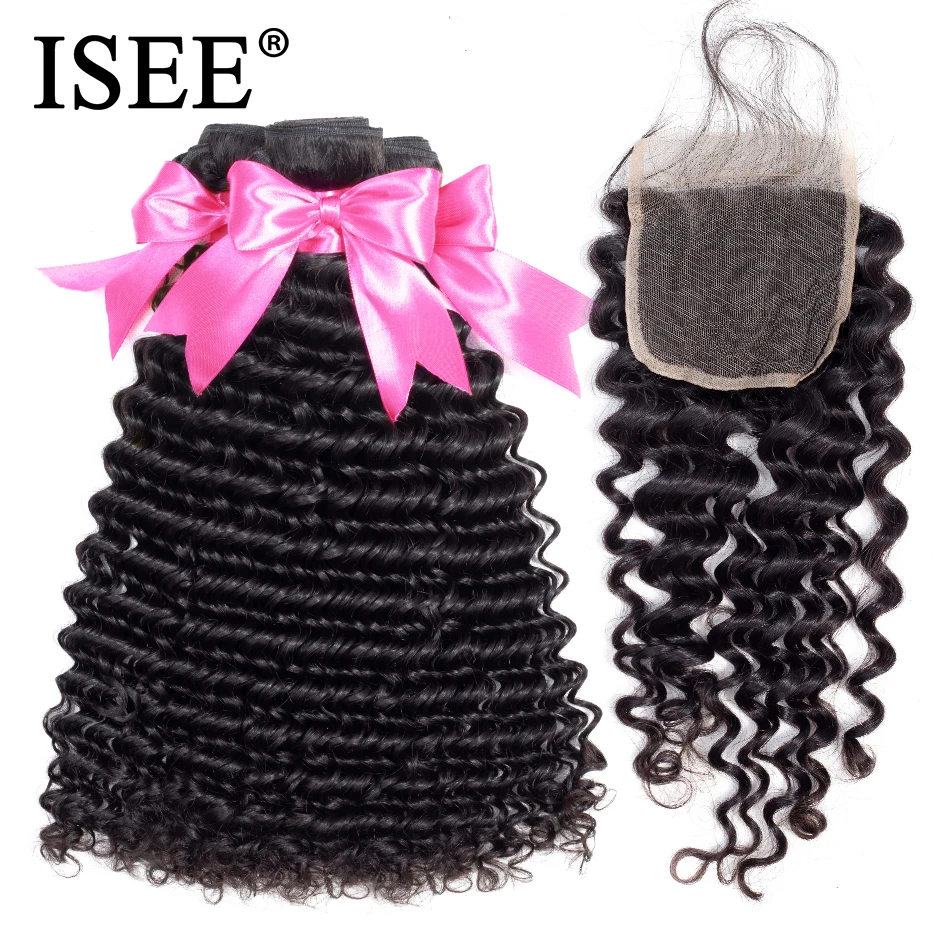 ISEE Mongolian Deep Curly Hair Bundles With Closure Human Hair Bundles With Closure Free Part Remy 3/4 Bundles Hair With Closure