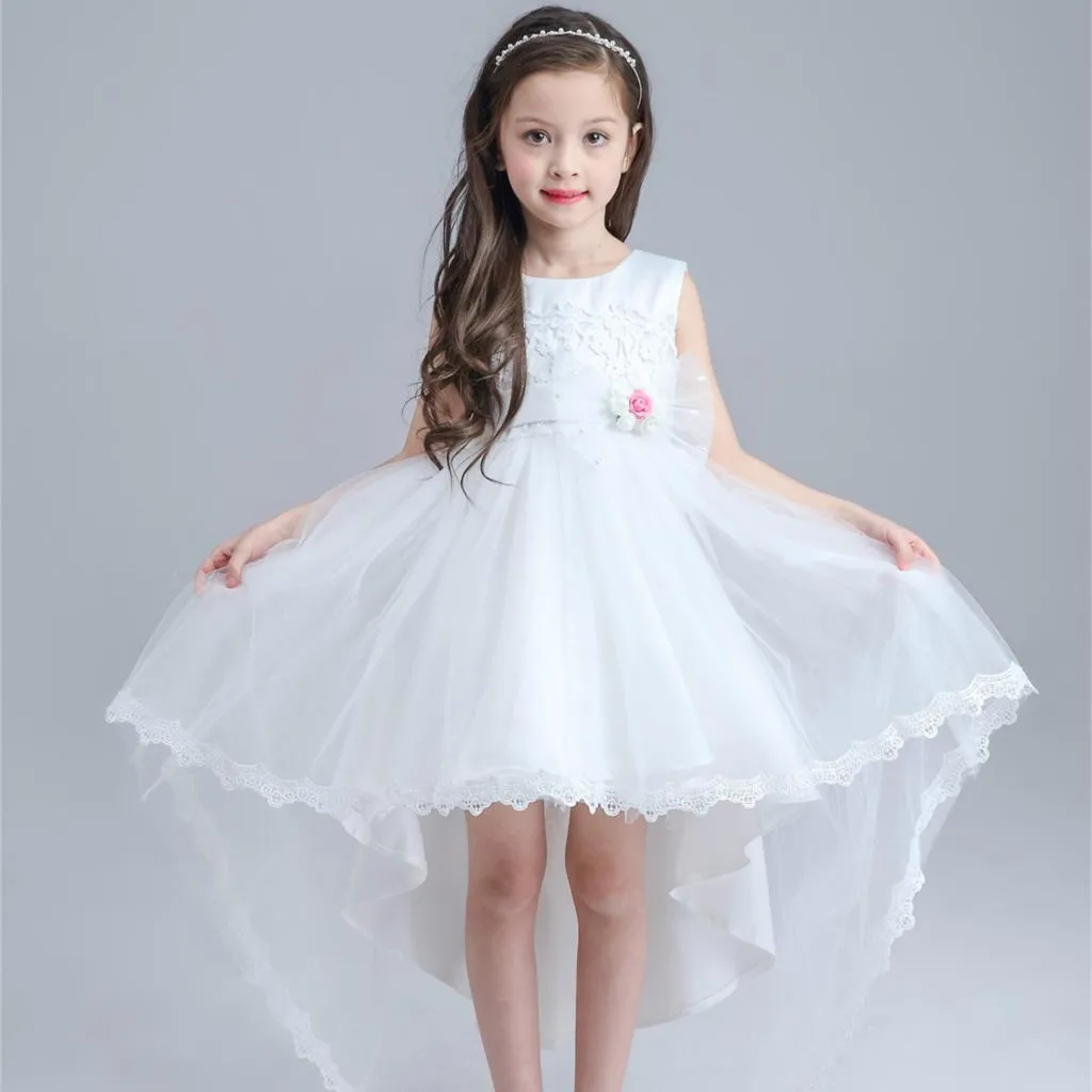 Los Niños Vestido de Princesa blanca Cola de Largo Y Corto por Delante Girls Wedding Flower