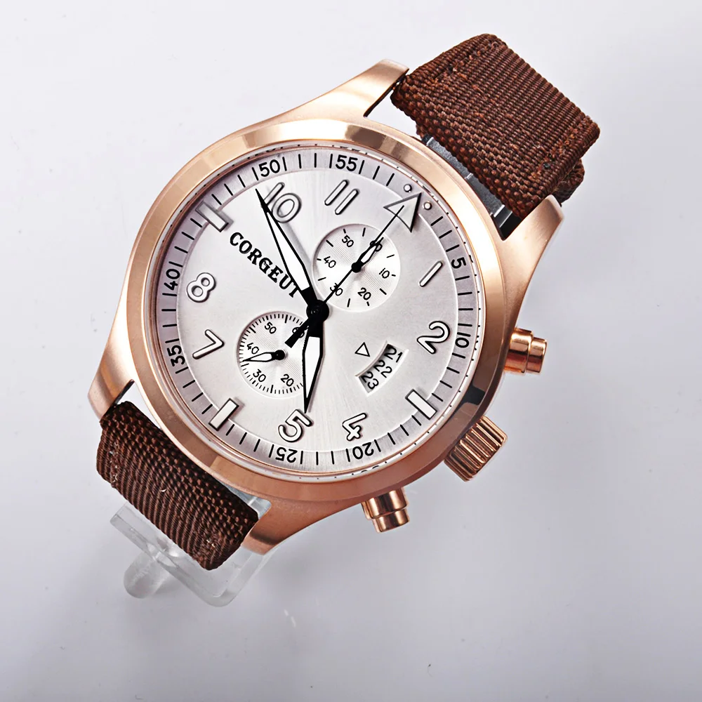 

Corgeut white dial PVD Case mixed strap of the cloth and leather date Full Chronograph quartz men watches