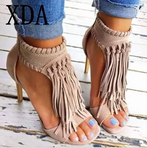 

XDA 2018 Black Apricot Sexy Women Tassel summer Sandals Open Toe Zipper High Heels Sandals Woman Shoes Plus Big Size 35-43